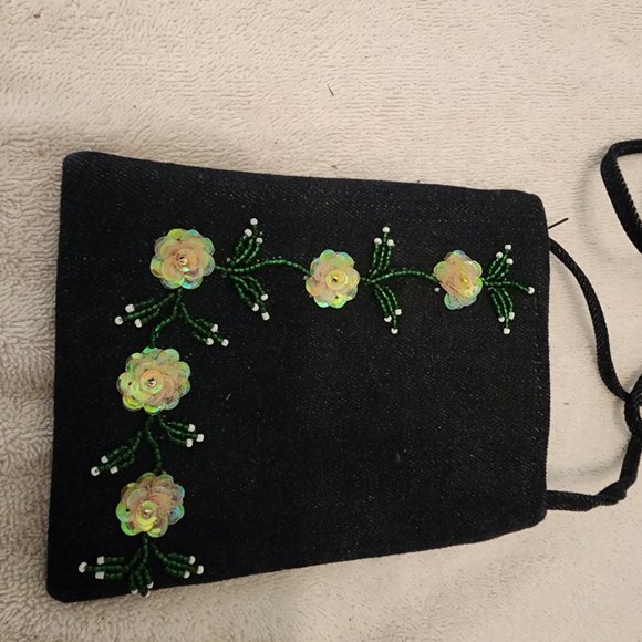 Dark blue jean child crossbody embellished flowers & small pink clutch purse - Picture 4 of 6